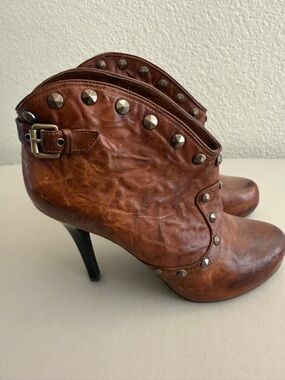 BCBGeneration Brown Studded Leather High-Heel Ankle Boots